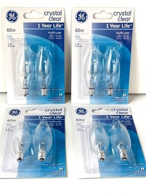 GE 60W Clear Candelabra Bulbs / Blunt Tip / Set of 8 Bulbs - New
